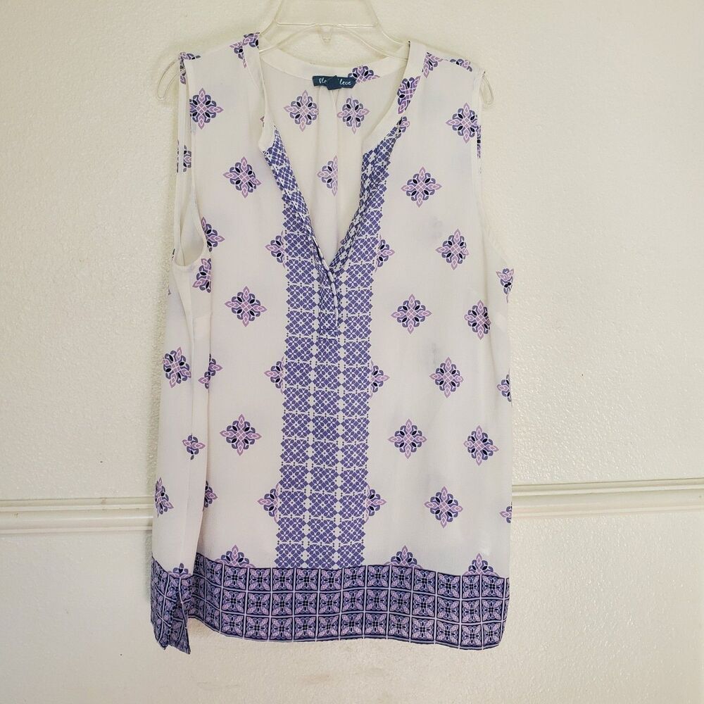 Fleur Bleue Womens Purple White Geometric Tile Print Sleeveless Blouse Large
